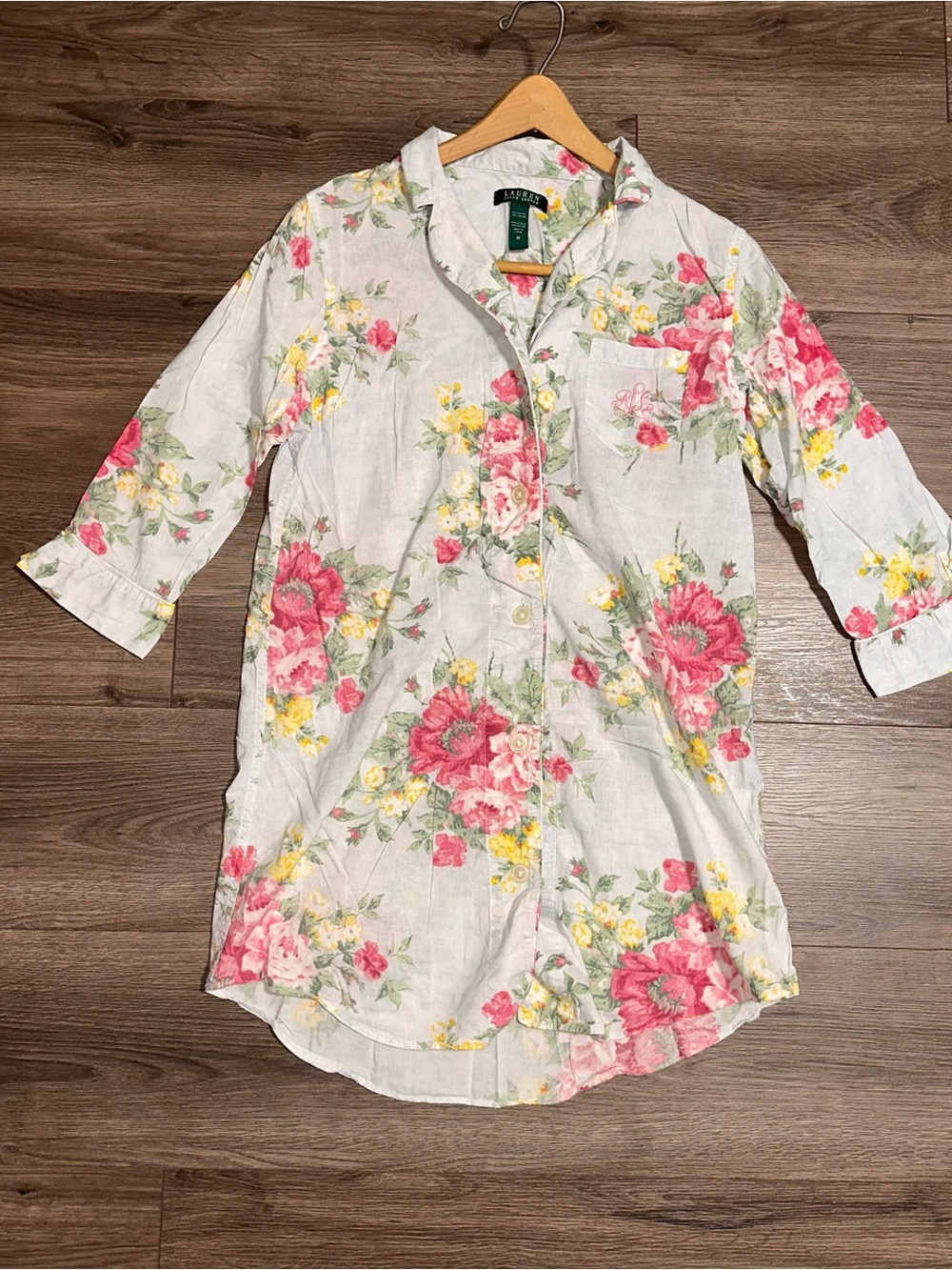 Lauren RL Cotton Blend Light Blue Floral Button-Front Nightgown